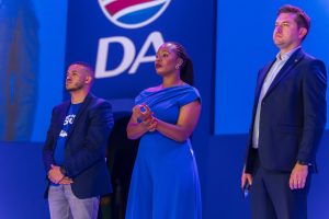 DA regional leaders, Kyle Jacobs, Khathutshelo Rasilingwane and Cilliers Brink, at the party’s Federal Congress. PHOTO: X/DA